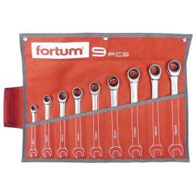   FORTUM racsnis csillag-villás kulcs klt. 9db, 61CrV5/S2, mattkróm; 8-10-12-13-14-16-17-18-19mm, 72 fog, műanyag tartó + vászon