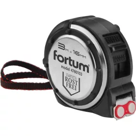   FORTUM mérőszalag, 1 stoppos, ütésálló, rozsdamentes acél ház, gumírozott; 3m×16mm nylon bevonatú szalag, mágneses vég FORTUM