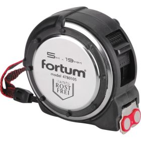   FORTUM mérőszalag, 1 stoppos, ütésálló, rozsdamentes acél ház, gumírozott; 5m×19mm nylon bevonatú szalag, mágneses vég FORTUM