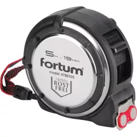   FORTUM mérőszalag, 1 stoppos, ütésálló, rozsdamentes acél ház, gumírozott; 5m×19mm nylon bevonatú szalag, mágneses vég FORTUM