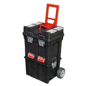   N2 szerszámosláda  kerekes, profi erős, műanyag 495×350×712mm, fémcsatos, tálcával, fekete, lakatolható