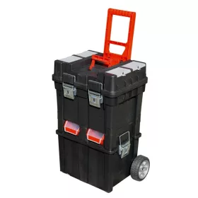   N2 szerszámosláda  kerekes, profi erős, műanyag 495×350×712mm, fémcsatos, tálcával, fekete, lakatolható
