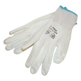   EGYÉB Kötött kesztyű fehér nylon, L-es méret,  9' poliuretánba mártott teny. és ujjhegy., gumírozott mandzsetta
