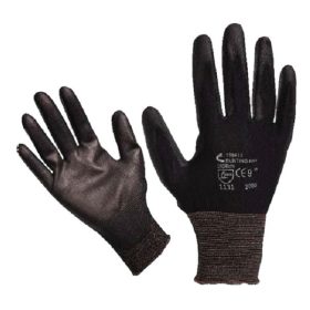   EGYÉB Kötött kesztyű fekete nylon, L-es méret 9',  poliuretánba mártott teny. és ujjhegy., gumírozott mandzset