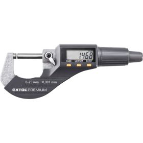   EXTOL PREMIUM digitális mikrométer; felbontás×mérési tartomány: 0,001×25 mm, keményfém mérőfelület, pontosság ±0,002 mm