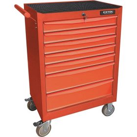   EXTOL PREMIUM szerszámos kocsi, 7 fiókos, max. kapacitás:250 kg, saját tömeg: 45kg, 2 db fix+2 db önbeállós, rögzíthető kerék