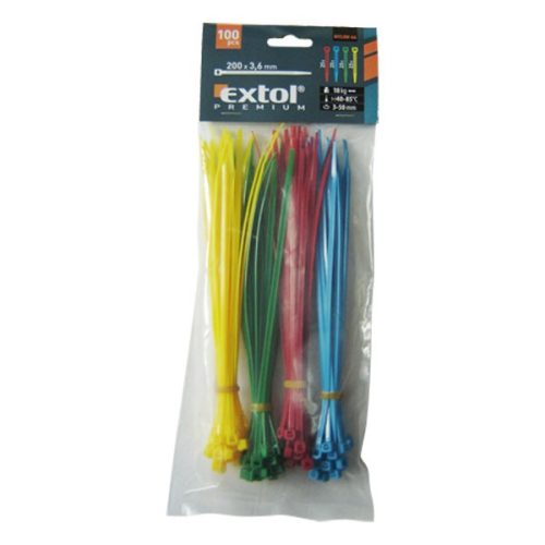 EXTOL PREMIUM kábelkötegelő 3,6×200mm 100db, 4 színű (piros, kék, sárga, zöld), nylon;