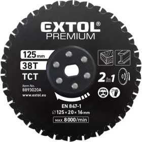   EXTOL PREMIUM fűrészlap, keményfémlapkás 125×20×16mm, 38T, 2az1ben Twin Blade rendszer, fémre és fára, 8893020 vágógéphez